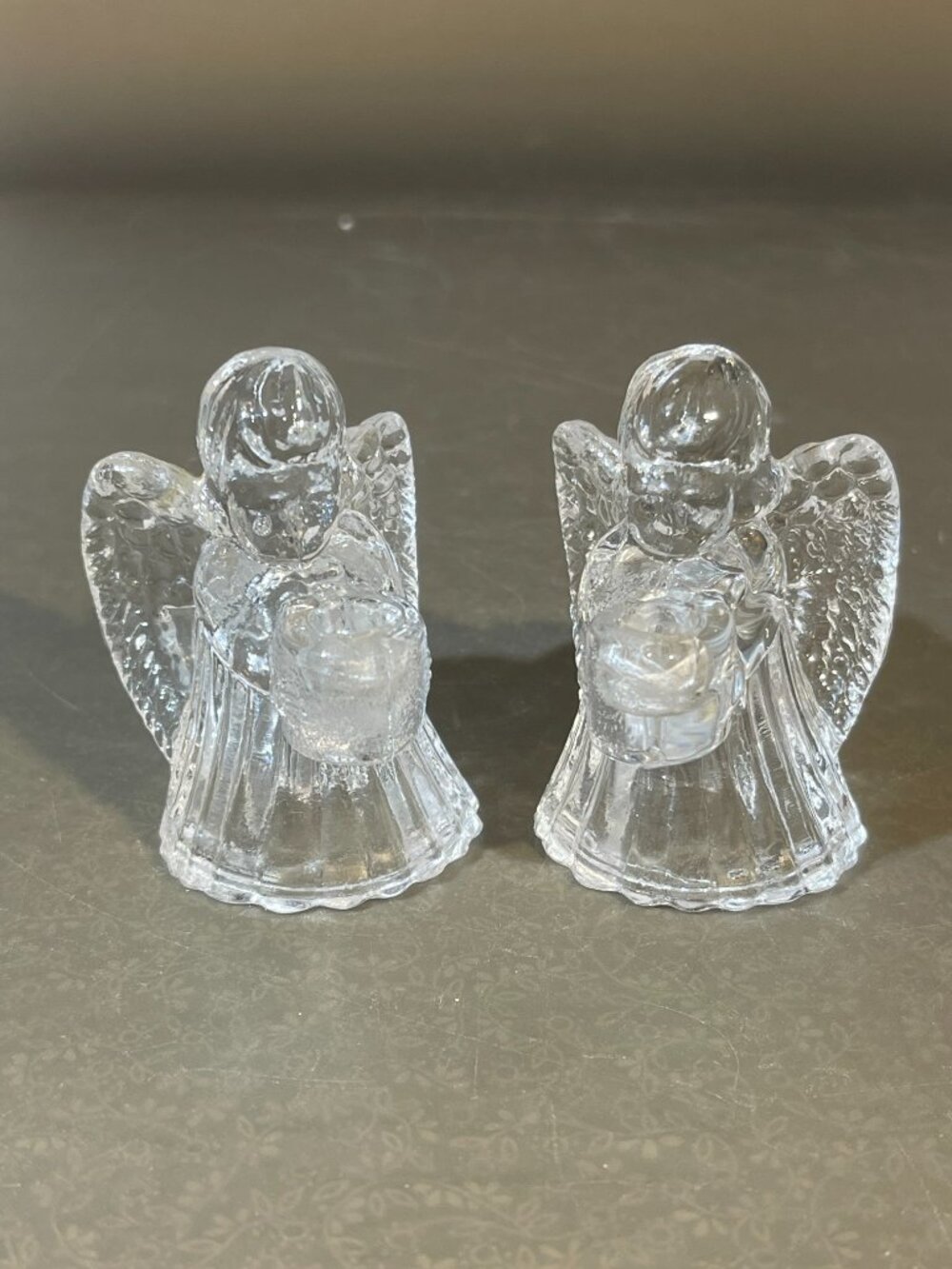Pair Small Clear 2.5” Glass Angel Candle Holders (inv #1761)